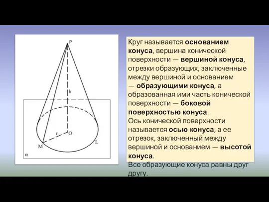 Круг называется основанием конуса, вершина конической поверхности — вершиной конуса, отрезки