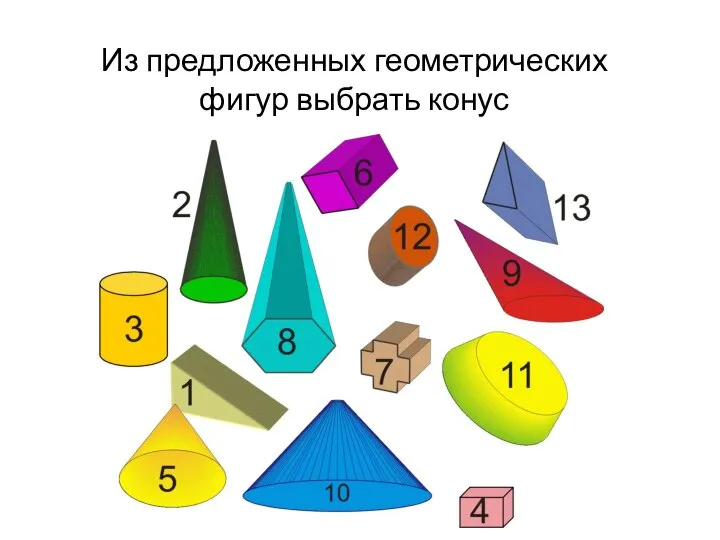 Из предложенных геометрических фигур выбрать конус