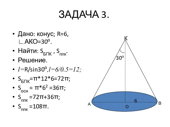 ЗАДАЧА 3. Дано: конус; R=6,∟АКО=30о. Найти: SБПК , Sппк. Решение. l=R/sin30о,l=6/0.5=12;