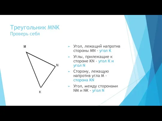 Треугольник MNK Проверь себя Угол, лежащий напротив стороны MN - угол