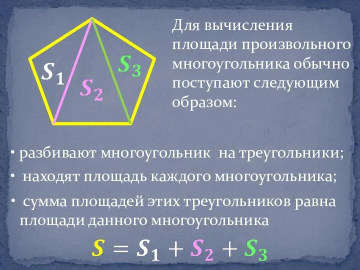 Для вычисления площади произвольного многоугольника обычно поступают следующим образом: разбивают многоугольник
