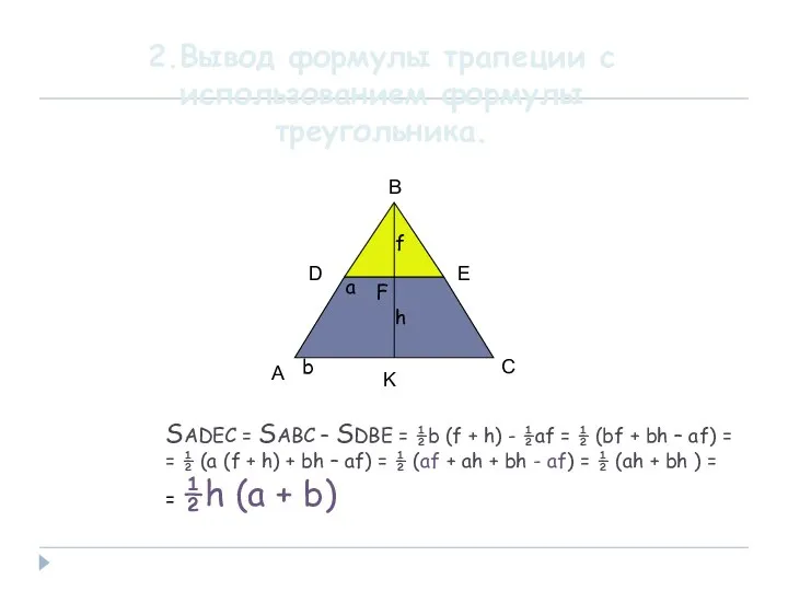 SADEC = SABC – SDBE = ½b (f + h) -