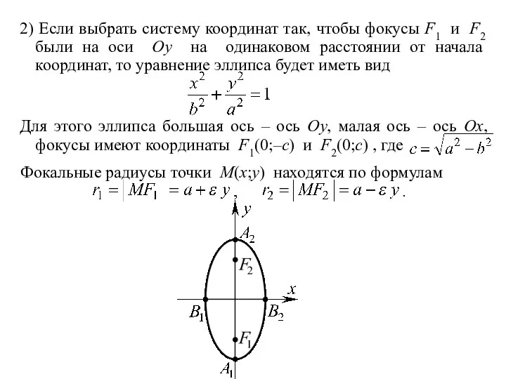 2) Если выбрать систему координат так, чтобы фокусы F1 и F2