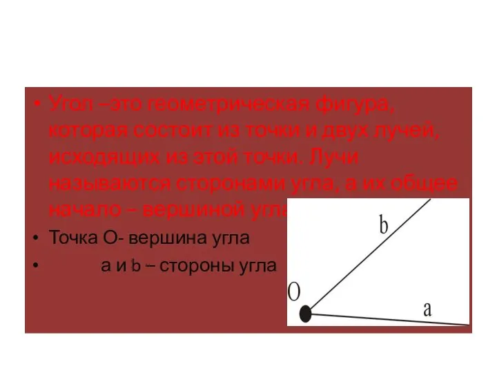 Угол –это геометрическая фигура, которая состоит из точки и двух лучей,