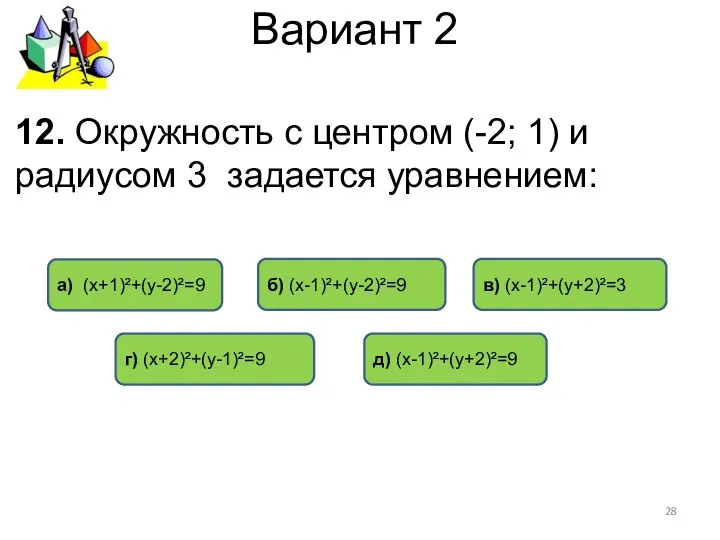 Вариант 2 12. Окружность с центром (-2; 1) и радиусом 3