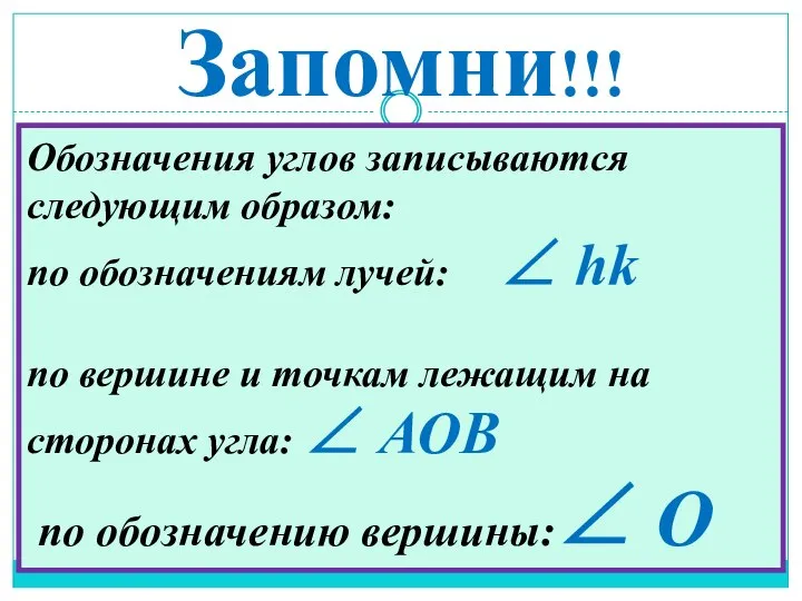 Запомни!!! Обозначения углов записываются следующим образом: по обозначениям лучей: ∠ hk