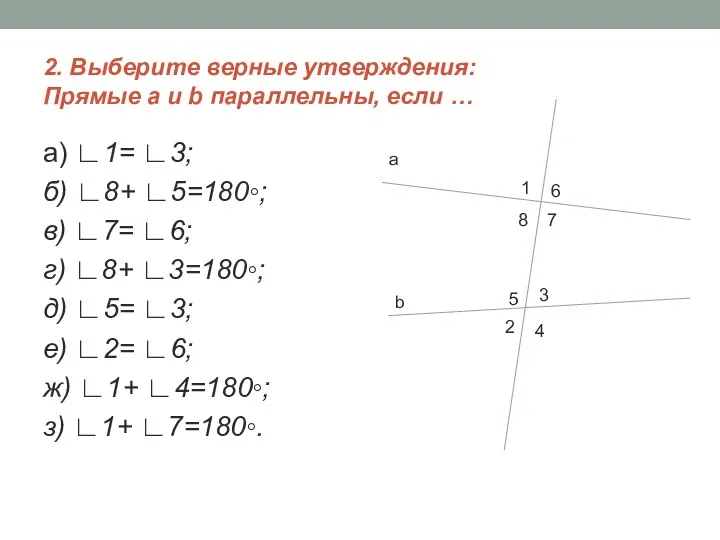 2. Выберите верные утверждения: Прямые a и b параллельны, если …