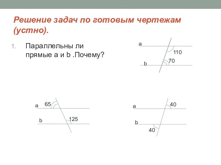 Решение задач по готовым чертежам (устно). Параллельны ли прямые a и