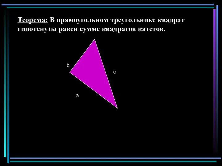 a b c Теорема: В прямоугольном треугольнике квадрат гипотенузы равен сумме квадратов катетов.