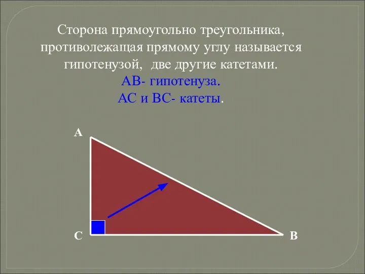 Сторона прямоугольно треугольника, противолежащая прямому углу называется гипотенузой, две другие катетами.