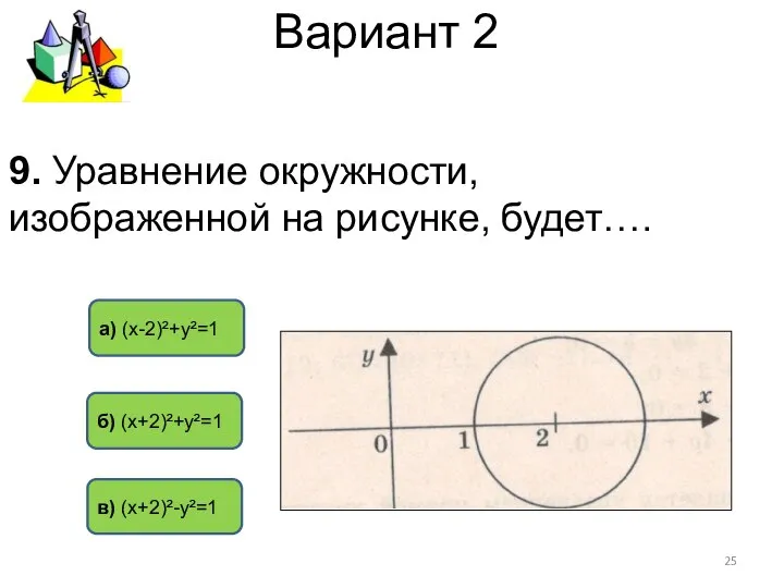 Вариант 2 а) (х-2)²+у²=1 б) (х+2)²+у²=1 в) (х+2)²-у²=1 9. Уравнение окружности, изображенной на рисунке, будет….