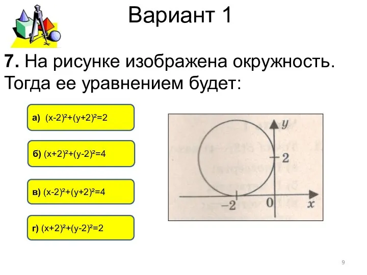 Вариант 1 б) (х+2)²+(у-2)²=4 а) (х-2)²+(у+2)²=2 в) (х-2)²+(у+2)²=4 7. На рисунке