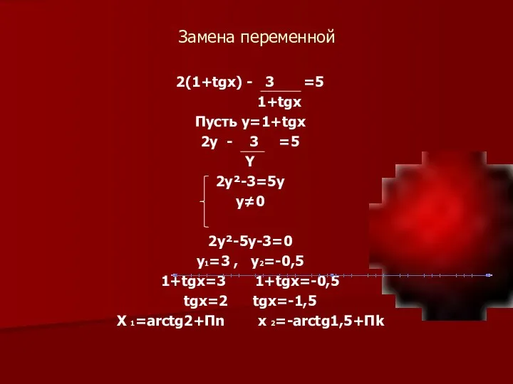 Замена переменной 2(1+tgx) - 3 =5 1+tgx Пусть y=1+tgx 2y -