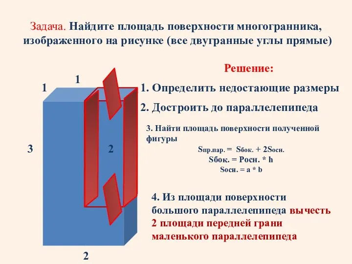 Задача. Найдите площадь поверхности многогранника, изображенного на рисунке (все двугранные углы