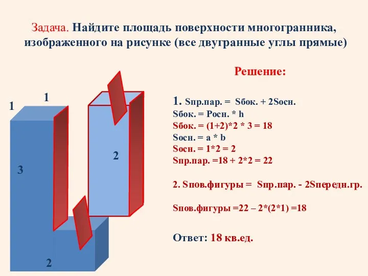 Задача. Найдите площадь поверхности многогранника, изображенного на рисунке (все двугранные углы