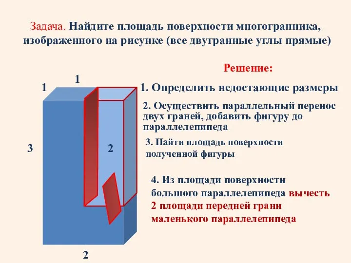 Задача. Найдите площадь поверхности многогранника, изображенного на рисунке (все двугранные углы