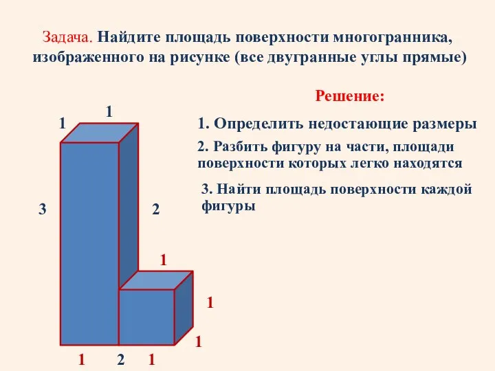 Задача. Найдите площадь поверхности многогранника, изображенного на рисунке (все двугранные углы