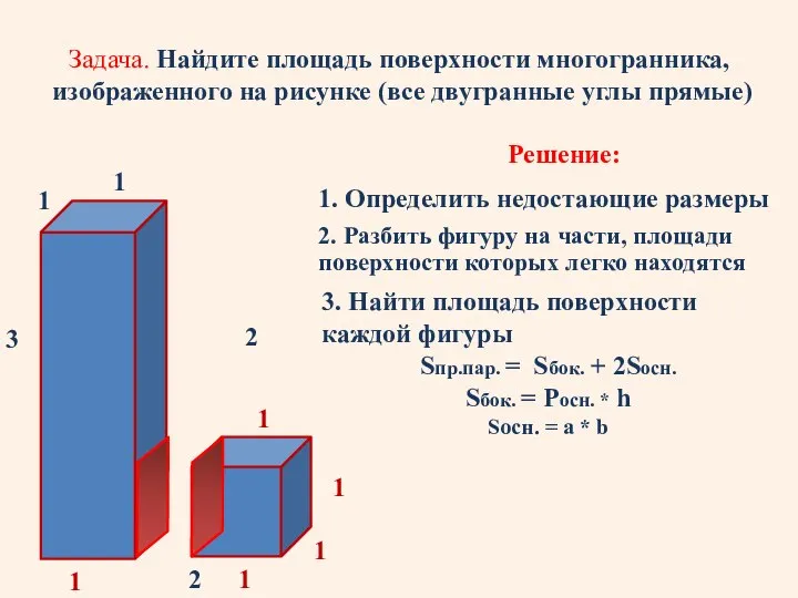 Задача. Найдите площадь поверхности многогранника, изображенного на рисунке (все двугранные углы