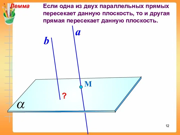 Лемма Если одна из двух параллельных прямых пересекает данную плоскость, то