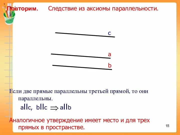 Повторим. Следствие из аксиомы параллельности. Аналогичное утверждение имеет место и для трех прямых в пространстве.