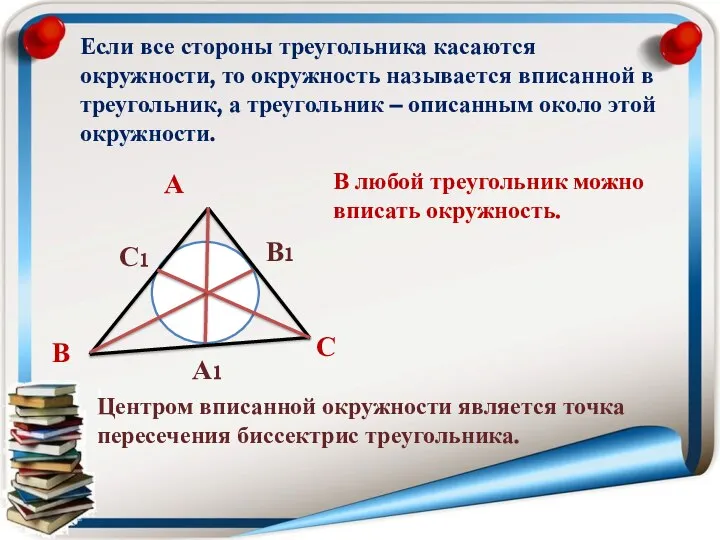 Если все стороны треугольника касаются окружности, то окружность называется вписанной в