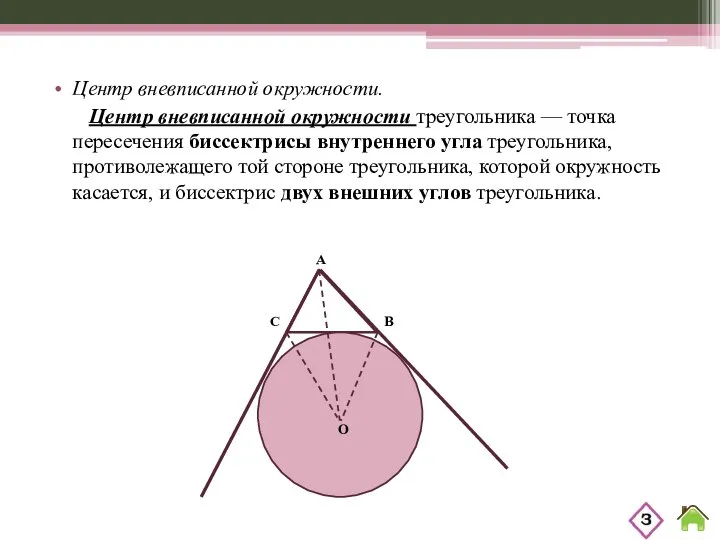 Центр вневписанной окружности. Центр вневписанной окружности треугольника — точка пересечения биссектрисы