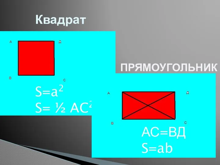 Квадрат S=a2 S= ½ AC2 АС=ВД S=ab ПРЯМОУГОЛЬНИК