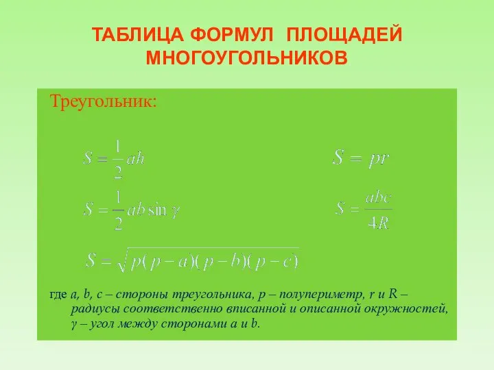 ТАБЛИЦА ФОРМУЛ ПЛОЩАДЕЙ МНОГОУГОЛЬНИКОВ Треугольник: где a, b, c – стороны