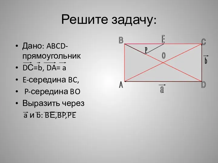 Решите задачу: Дано: ABCD-прямоугольник DС=b, DA= a E-середина BC, P-середина BO