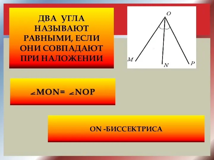 ДВА УГЛА НАЗЫВАЮТ РАВНЫМИ, ЕСЛИ ОНИ СОВПАДАЮТ ПРИ НАЛОЖЕНИИ ON -БИССЕКТРИСА