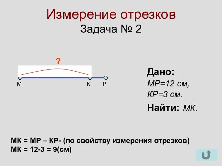 Измерение отрезков Задача № 2 М К Р Дано: МР=12 см,