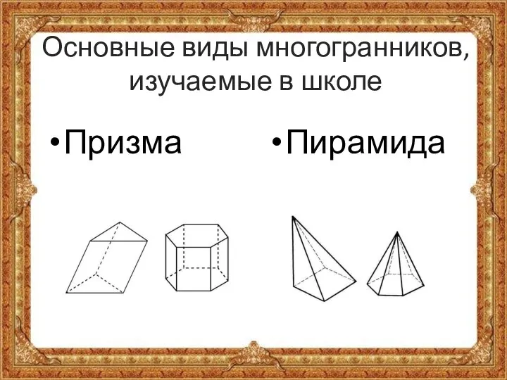 Основные виды многогранников, изучаемые в школе Призма Пирамида