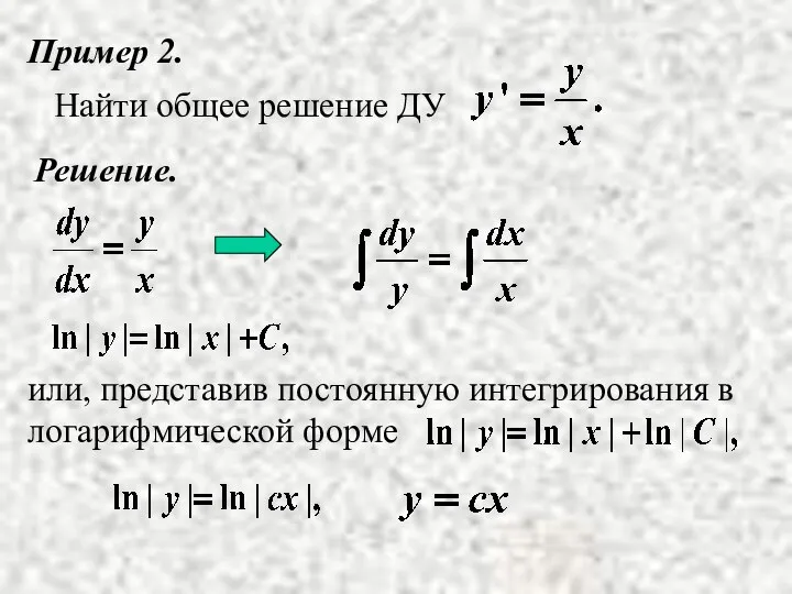 или, представив постоянную интегрирования в логарифмической форме Пример 2. Решение.