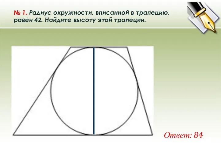 № 1. Радиус окружности, вписанной в трапецию, равен 42. Найдите высоту этой трапеции. Ответ: 84