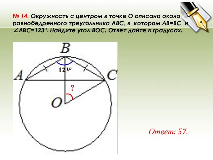 № 14. Окружность с центром в точке O описана около равнобедренного