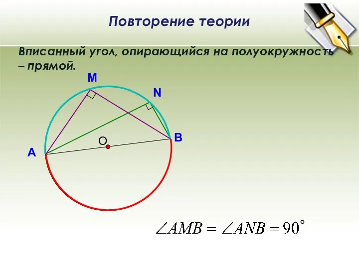 О Вписанный угол, опирающийся на полуокружность – прямой. В А ° Повторение теории