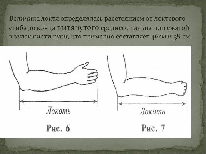 Величина локтя определялась расстоянием от локтевого сгиба до конца вытянутого среднего