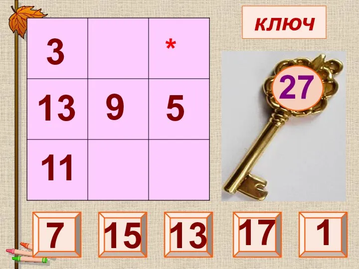 ключ 27 25 7 15 1 13 3 13 11 5 * 9 17