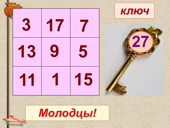 ключ 27 7 1 3 13 11 5 9 17 15 Молодцы!