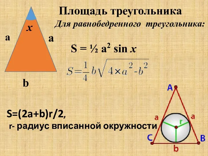 a a S=(2a+b)r/2, r- радиус вписанной окружности . S = ½