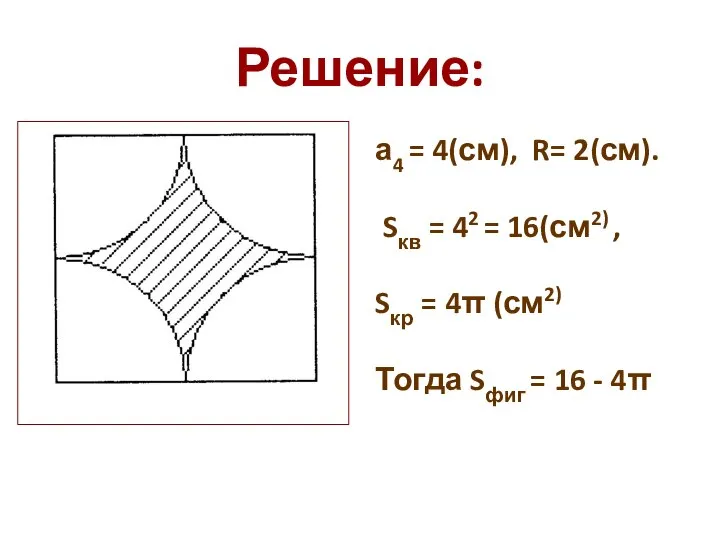 Решение: а4 = 4(см), R= 2(см). Sкв = 42 = 16(см2)