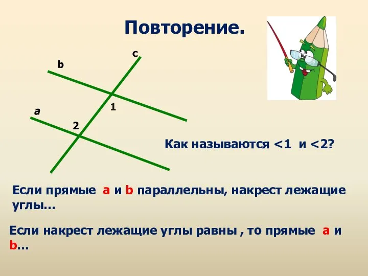 2 1 a c b Повторение. Если прямые а и b