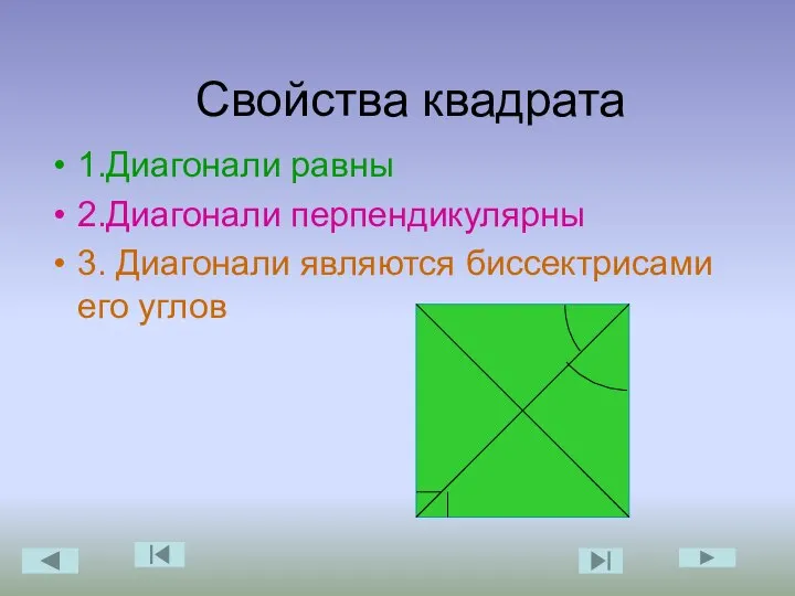 Свойства квадрата 1.Диагонали равны 2.Диагонали перпендикулярны 3. Диагонали являются биссектрисами его углов