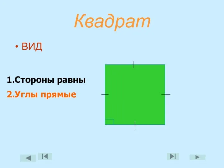 Квадрат ВИД 1.Стороны равны 2.Углы прямые