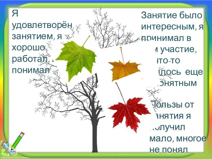 Я удовлетворён занятием, я хорошо работал, всё понимал Занятие было интересным,