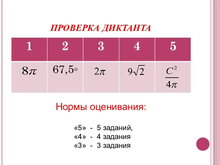 ПРОВЕРКА ДИКТАНТА Нормы оценивания: «5» - 5 заданий, «4» - 4 задания «3» - 3 задания