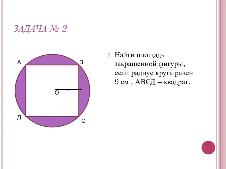 ЗАДАЧА № 2 Найти площадь закрашенной фигуры, если радиус круга равен