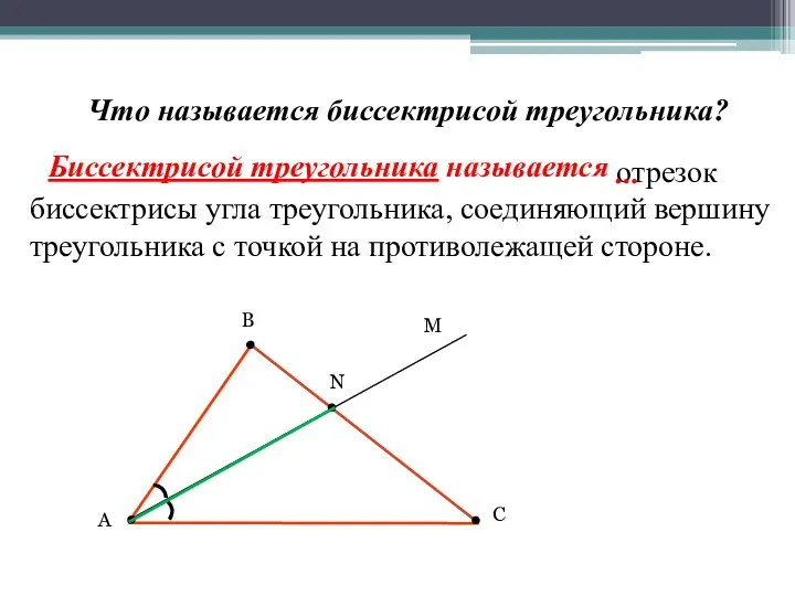 Что называется биссектрисой треугольника? отрезок биссектрисы угла треугольника, соединяющий вершину треугольника