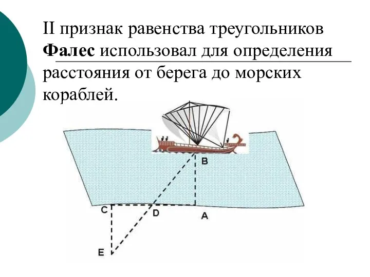 II признак равенства треугольников Фалес использовал для определения расстояния от берега до морских кораблей.