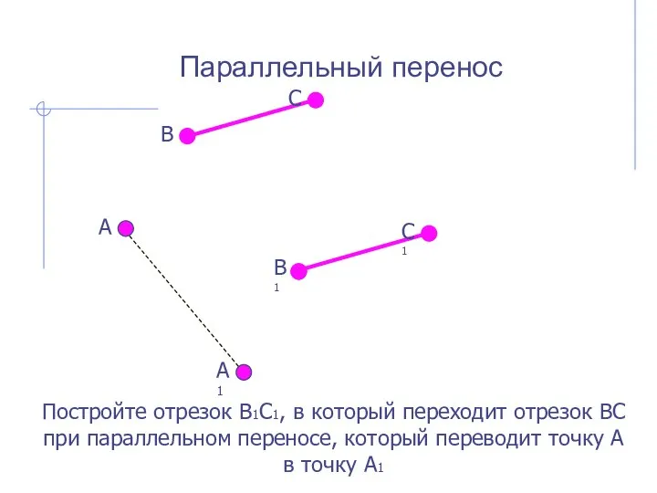 Параллельный перенос Постройте отрезок В1С1, в который переходит отрезок ВС при